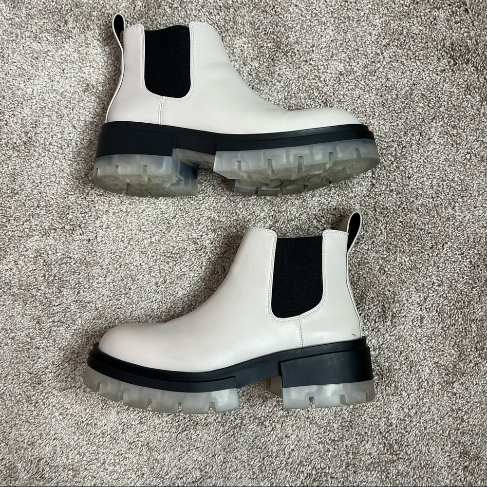 Cream/gray platform Chelsea boots with translucent bottom